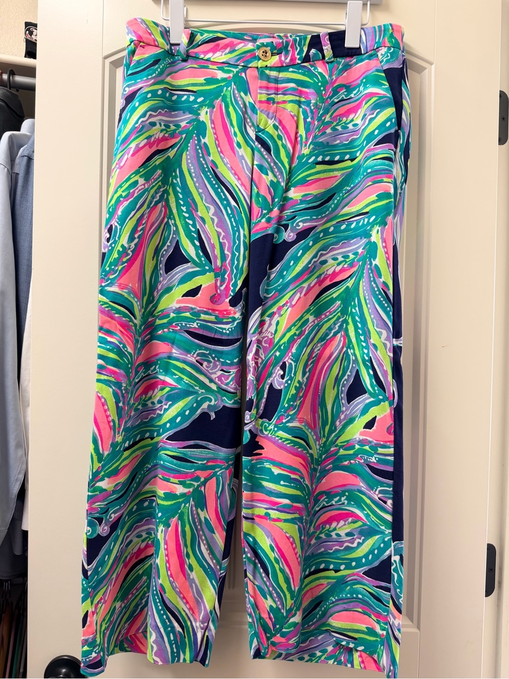 Lilly Pulitzer Tropical Print wide leg palazzo pants 8 Teal, Pink, Navy, Lime